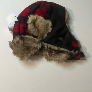 NWT Goodfellow & Co Mens Plaid Faux Fur Trapper Hat Red One Size (D1)
